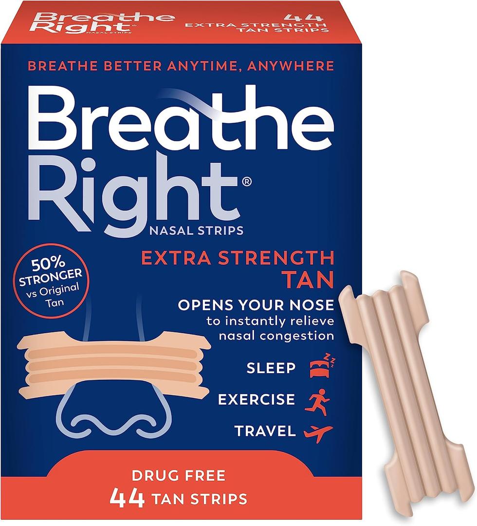 Breathe Right Nasal Strips, Extra Strength Tan Nose Strips, Drug-Free Nasal Congestion Relief for Better Breathing, Help Relieve Snoring, Caused by Colds & Allergies, Deviated Septum, 44ct