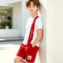 Ayzozuy Boys 2-Piece Summer Outfit Set - Side Color Block Stripe Short Sleeve T-Shirt Shorts Kid Clothes Casual Daily Wear(13-14t) (White)