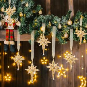Soulchen 8 Pcs Christmas Bethlehem Star Ornament 3.15 x 1.97 Inch Metal Glitter Star of Bethlehem Ornaments with Glitter Christmas Tree Topper Nativity Hanging Decor for Xmas Tree Party Decor(Gold)
