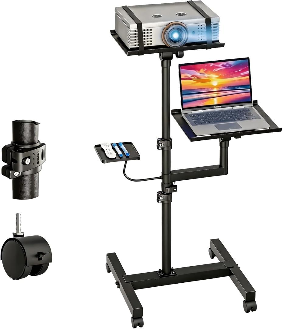 Projector and Laptop Stand Tripod, 2 Shelves Mobile Laptop Tripod Stand, Max 47" Height Adjustable Laptop Cart on Wheels, Projector Floor Stand with Ventilated Tray for Podium, Meeting, Couch (Black)
