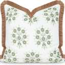 Hofdeco Premium Coastal Patio Indoor Outdoor Throw Pillow Cover Only, 20"x20" Water Repellent for Backyard, Couch, Green Embroidered Floral with Fringe
