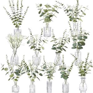 Glass Bud Vases Set of 12 and Artificial Plants Stems in Glass Vase Artificial Eucalyptus Baby's Breath Fake Plants Greenery for Rustic Farmhouse Wedding Table Centerpieces(Clear)