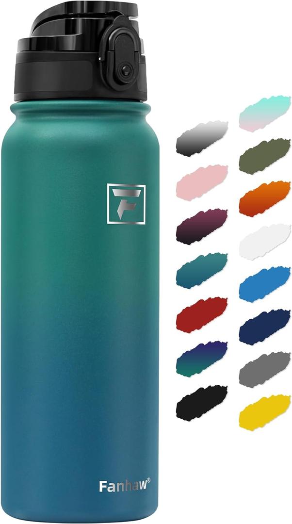 Fanhaw 20 oz Insulated Stainless Steel Water Bottle with Anti-Dust Chug Lid, Leakproof Vacuum Metal Bottle for Kids, Women & Men (Green Blue)