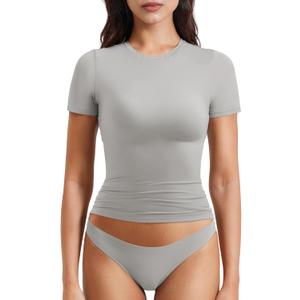 YEOREO Women Fitted Workout Tops Short Sleeve Double Lined Basic Y2K Going Out Crew Neck Compression Crop Top (XX-Large, Grey)