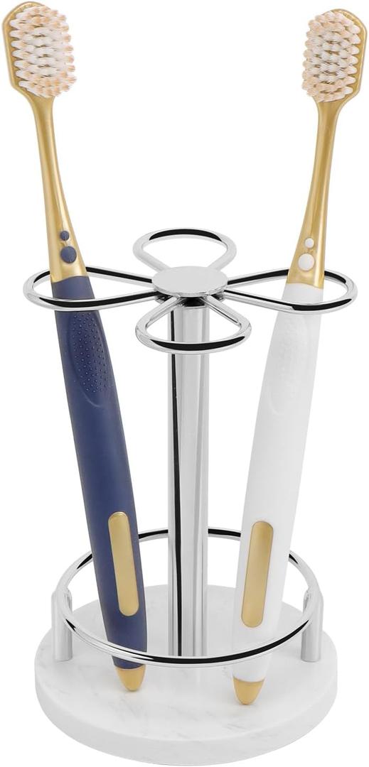 HarJue Toothbrush Holder Stand for Bathroom, Metal Toothbrush Organizer with Marble Base, Toothbrush Storage Collection for Family, Suitable for Home Hotel Countertop Vanity (Small, Chrome Finish)