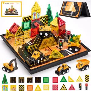 hahaland Mini Magnetic Tiles Travel Road Construction Toys Magnetic Building Blocks with Engineering Vehicles Trucks Case 2-in-1 Road-Themed Box Montessori Birthday for 3-6 Year Old Toddler