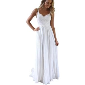 Women's V Neck Spaghetti Straps Beach Wedding Dresses for Bride, Long A-Line Chiffon Bridal Gown Lace Wedding Gowns (10) Ivory