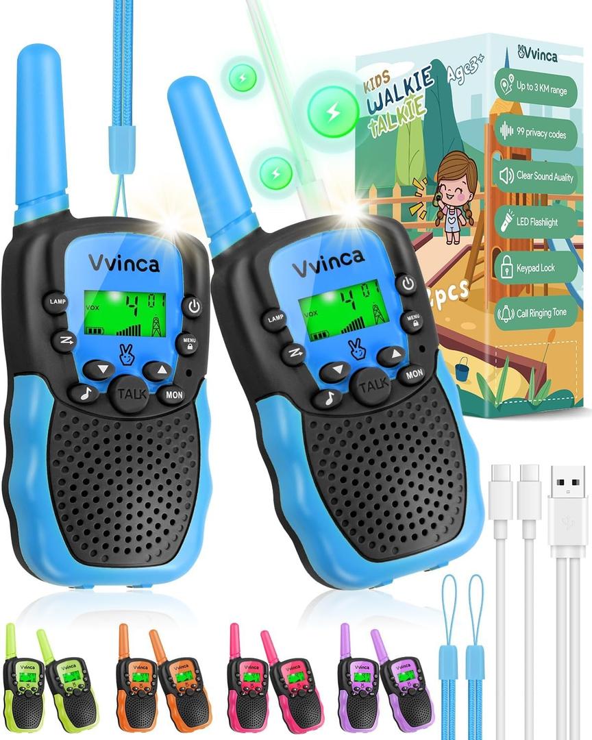 Vvinca Walkie Talkies Toys for Ages 5-7, Rechargeable Walkie Talkie Gifts for 3-12 Year Old Boy Girl with Flashlight 22CH 2 Way Radio 3 Mile Long Range for Adventure Game Camping Outdoor Hiking (2-Black Blue)