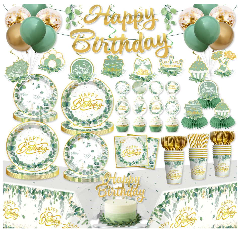 213 Pcs Sage Green Birthday Decorations Plates and Napkins Set, Gold and Green Eucalyptus Flowers Banner Balloons Cake Topper greenery Tablecloth Women Birthday Decorations Table Decor