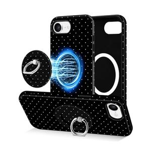 Jusy Compatible with Magsafe Polka Dot Phone Case for iPhone 16e/17e, Cute Aesthetic Magnetic Ring Holder Stand Case, Soft TPU and Hard PC Protective Phone Cover for Women Girls - Black Polka Dot