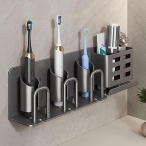 Electric Toothbrush Holder Wall Mounted, Aluminum Bathroom Organizer with No Drill - Holds 6 Toothbrushes & Toothpaste (3 Slots)