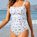 One Piece Bathing Suit for Women Tummy Control Vintage Swimsuit | Square Neck, Supportive Unremovable Cups, Ruched Design, Adjustable Straps, Full Coverage (Blue, S)