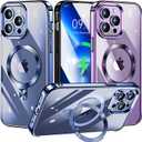 [CD Ring Compatible with MagSafe Invisible Stand]Magnetic for iPhone 13 Pro Max Case, [Electroplated Bumper Non-Yellowing][Look as Bare iPhone]Slim Clear Case with Holder for Women Men Girls (Sierra Blue)
