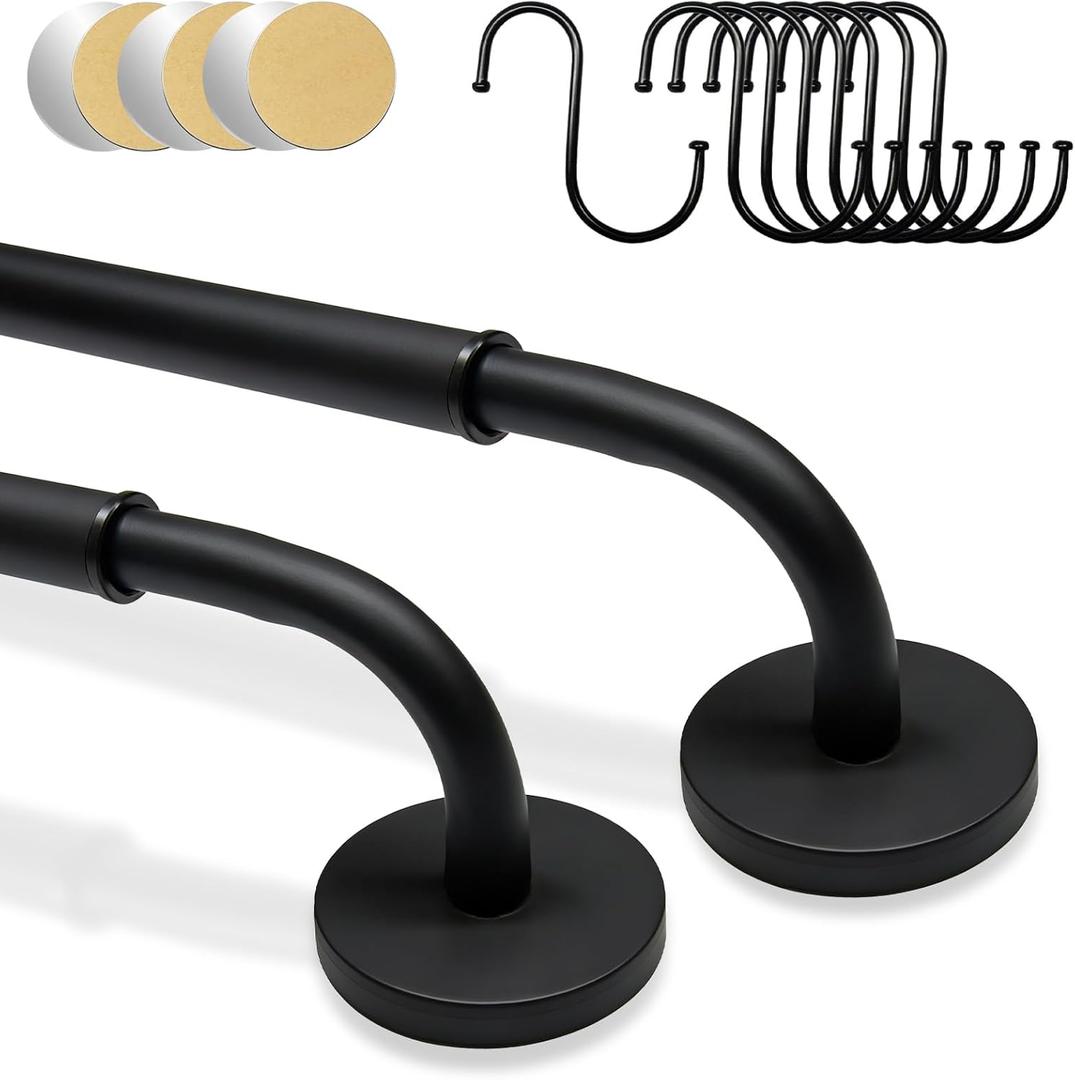 2 Pack Magnetic Curtain Rod for Metal Door, Adjustable 16 to 30 Inch, 1/2 Inch Diameter, French Door Magnetic Curtain Rods with Hooks (Black)