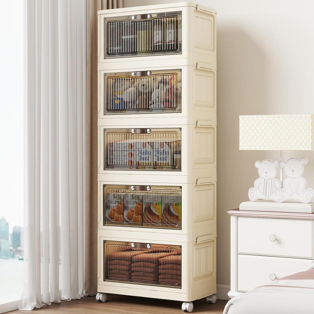 5 Tier - 34QT Storage Bins with Lids, Collapsible Storage Bins with Doors and Wheels, Plastic Storage Cabinet for Easy Storage and Organization for Living Room, Office