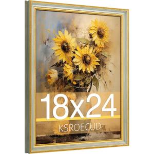 18x24 Picture Frame, HD Real Glass Ornate Vintage 18x24 Photo Frame, 18 by 24 Poster Frame with Gold Green Texture Border Horizontal & Vertical Display for Tabletop or Wall Decor (1 Pack)
