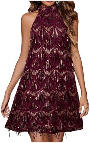 OYOANGLE Women's Sequin Sparkly Cocktail Party Dress Glitter Sleeveless Halter Mini Dress Outfits Clubwear, Medium