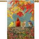 Fall Cardinal House Flag 28x40 Inch Double Sided for Outside, Large Burlap Autumn Yard Flag with Colorful Birds and Maple Leaves for Outdoor Thanksgiving Autumn Decoration