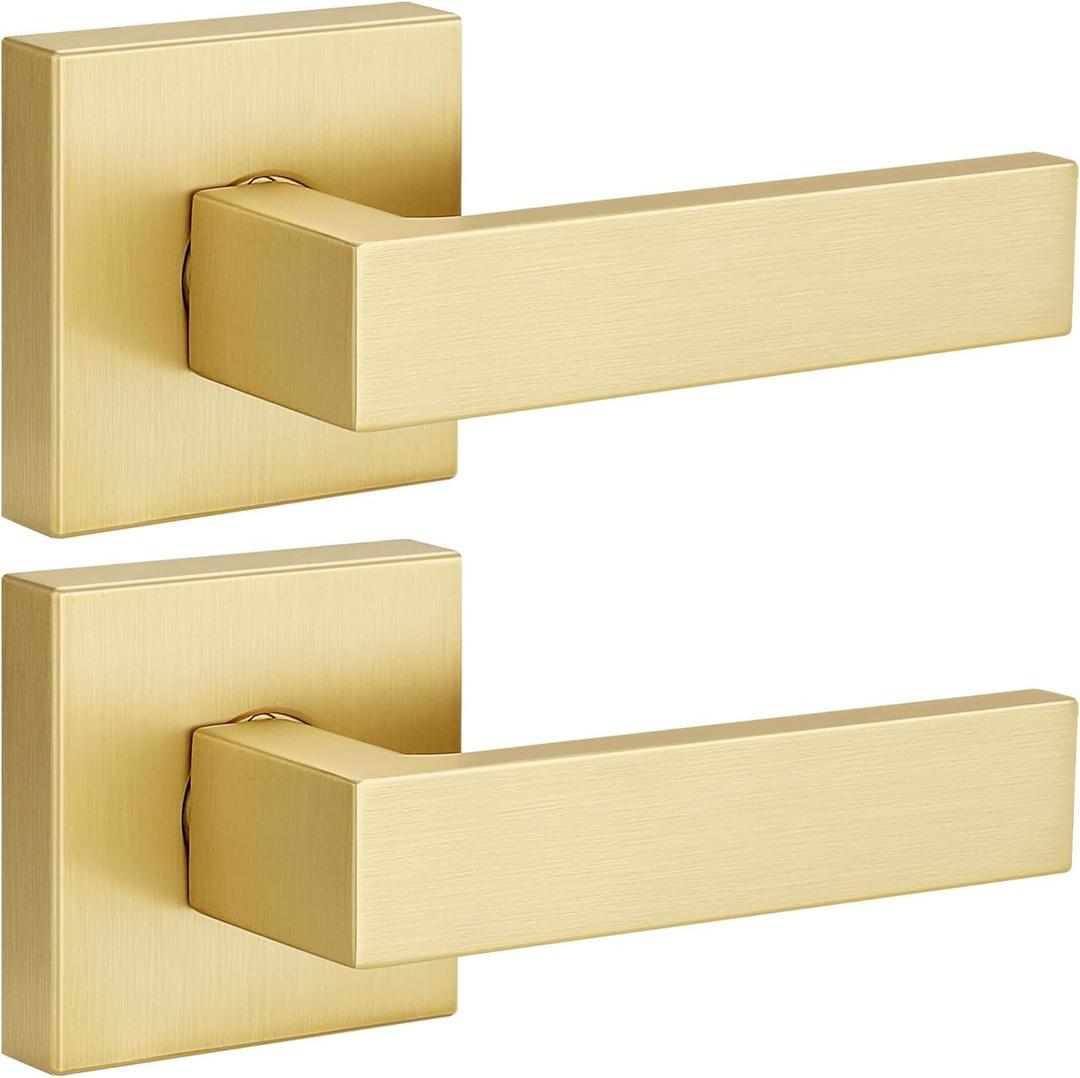 EHOMEWARE 2 Pack Gold Dummy Door Handles, Interior Door Lever Single Sided Rear Mount, Heavy Duty Satin Brass French Closet Door Knobs