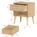 Keehusux 17.7" W x 15.7" D Rattan Nightstand Set of 2, Night Stand with Charging Station, Bedside Table with Open Shelf & Solid Wood Legs, Boho Night Stand with Drawer, End Table for Bedroom, Natural