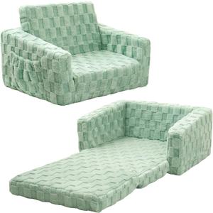 Toddler Couch for Kids  2-in-1 Fold Out Sofa and Lounger, Soft Flannel Convertible Chair, Flip Open Kids Couch (Green)