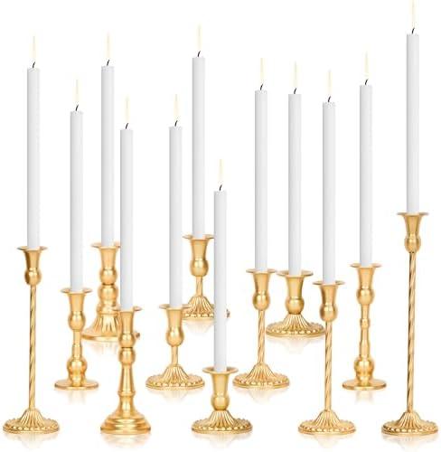 Gold Candlestick Holder Bulk Set of 12, Vintage Taper Candle Sticks Holder, Tall Mismatch Antique Brass Candle Holders for Table Centerpiece, Wedding, Birthday Party, Anniversary Decor