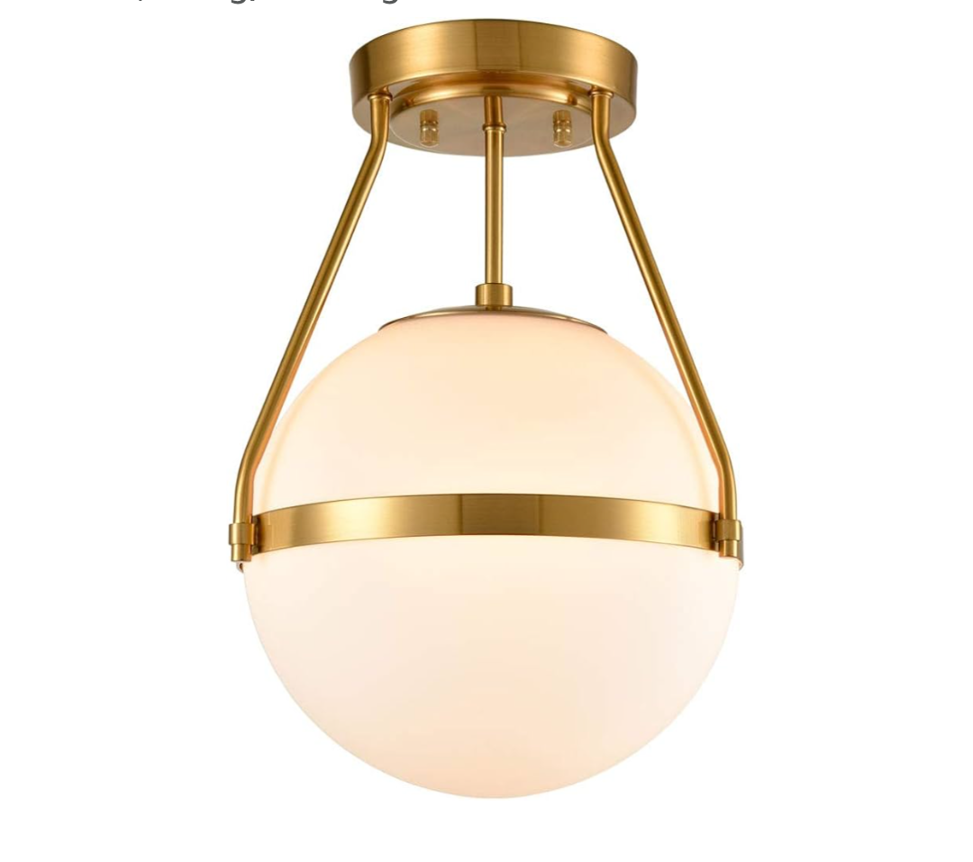 HOLKIRT Mid Century Modern Globe Semi Flush Mount Ceiling Light Fixture,White Opal with Brass Finish,Living/Dinning Room Brass Color
