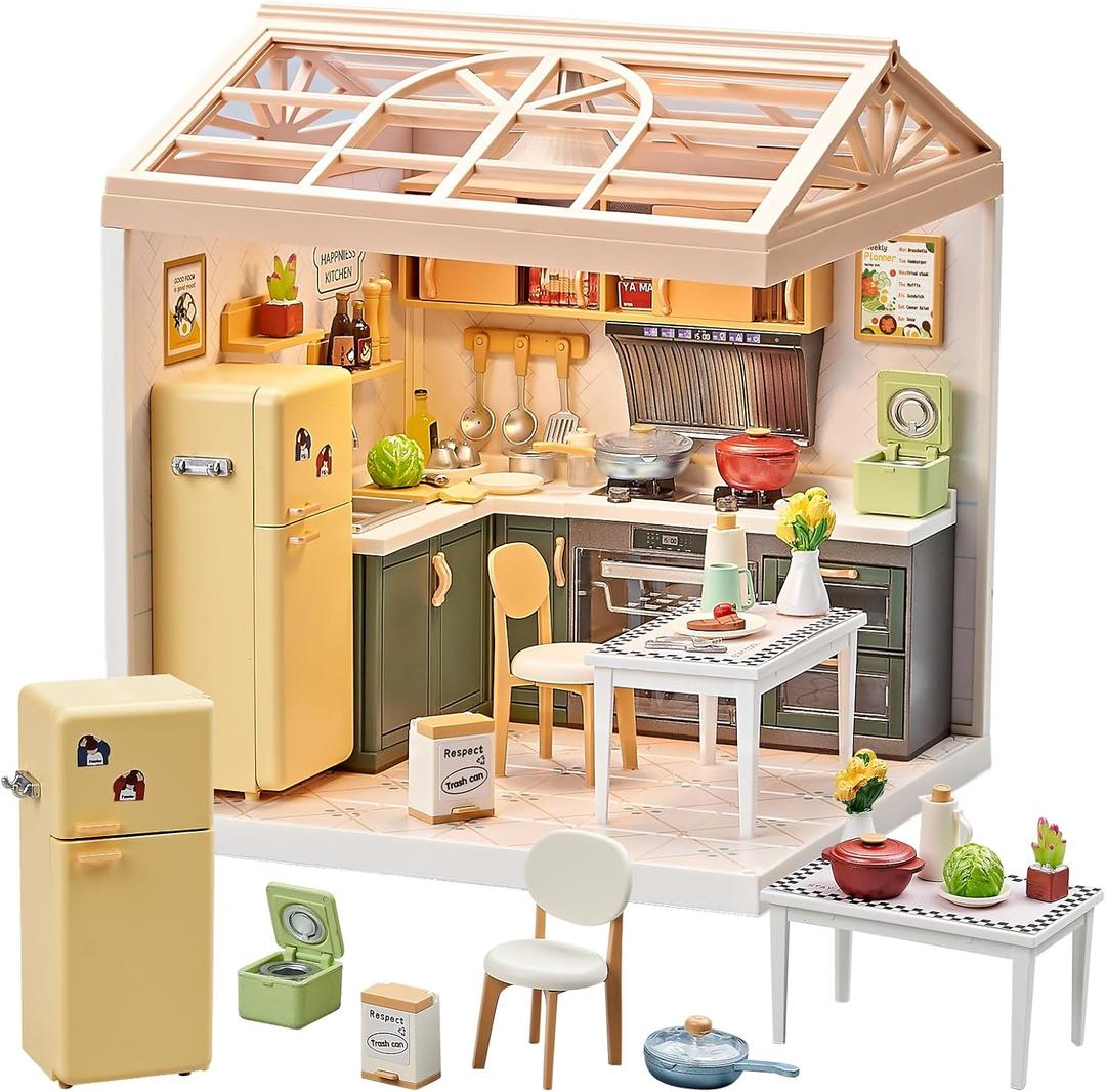 Qudify Miniature Kitchen DIY House Play Kit  126Pcs Cooking Room Furniture Set with Plug-in LED Light & Modular Base, 1:20 Scale Tiny House Model, Dollhouse Toy for Kids 8+, Teens & Hobbyists