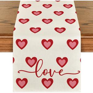 Artoid Mode Love Hearts Valentine's Table Runner, Wedding Kitchen Dining Table Decoration for Home Party Decor 13x90 Inch (Beige/Red)