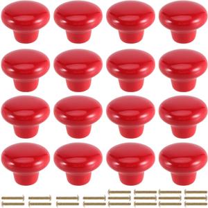 JAPCHET 16 Pack Red Ceramic Cabinet Knobs, 32 MM/1.26Inch Single Hole Ceramic Door Knobs with Screws, Button Round Mushroom Door Pulls for Kitchen Cabinet, Cupboard, Wardrobe, Dresser