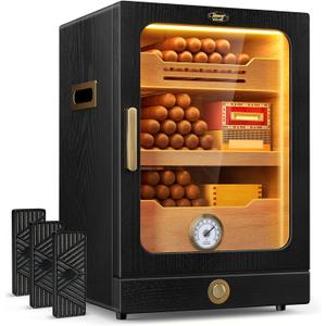 Cigar Humidor, Desktop Cigar Humidor Cabinet Light Control System with Spanish Cedar Wood Shelves, Hygrometer, 3 Humidifiers and Cigar Accessories Drawer, Father's Day Gift for Men (Black)