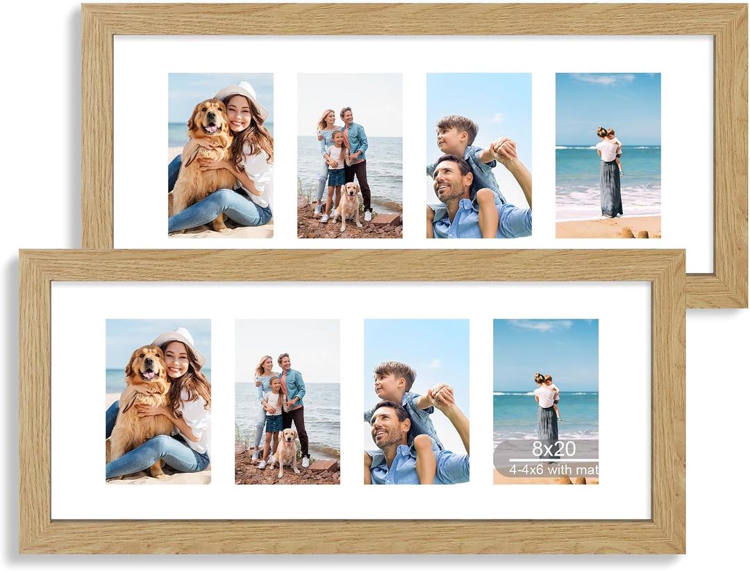 Hongkee 8x20 Picture Frame Set of 2, Natural Oak Wood Frame with Tempered Glass Collage Frame, Display Pictures Four 4x6 With Mat or 8 x 20 Without Mat - Horizontal or Vertical Wall Mounting, 8x20 in matted to 4-4x6