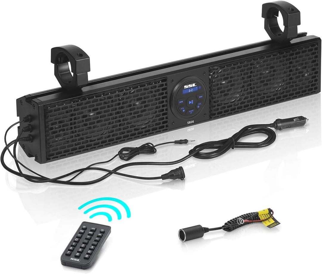 SOUNDSTORM Weatherproof 26 Inch Class A B Portable Audio System Bluetooth MP3 Smartphone Sound Bar Speaker with Wireless Remote and ATV UTV Clamps (26 inch)