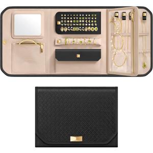 SONGMICS HOME Travel Jewelry Case, Foldable Jewelry Organizer with Mirror, Sectioned Storage, Large Capacity, Woven Embossed PU Leather, Gift Idea, Ink Black UJBC196B01