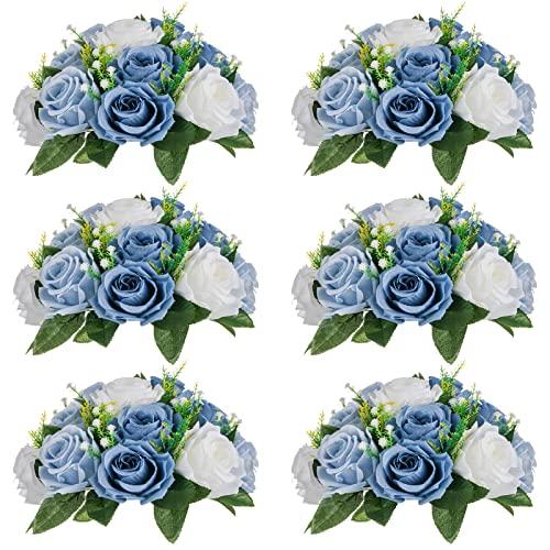 NUPTIO Wedding Floral Centerpieces for Tables: 6 Pcs Dusty Blue & White Fake Flower Ball for Weddings Party - Artificial Rose Arrangements for Birthday Bridal Shower Decorations