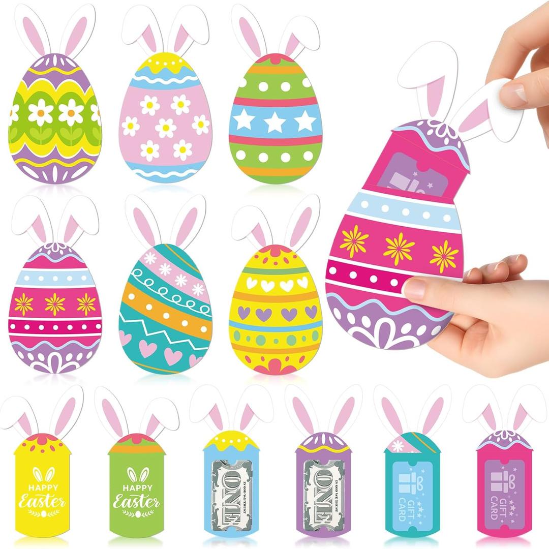 Qunclay 12 Pack Easter Gift Card Holders Easter Egg Money and Card Sleeves Holders Ornaments Bunny Ear Cash Gifts for Spring Christian Holiday Surprise Party Favors Basket Stuffers Gift Tag Decoration