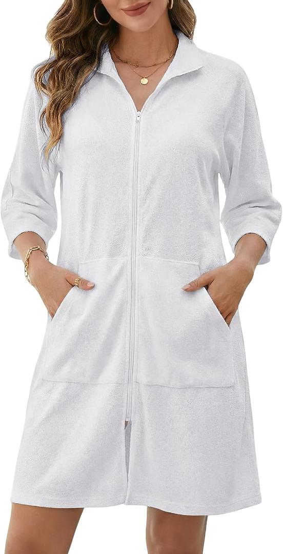 Bsubseach Swimsuit Coverup for Women Terry Cloth Swim Cover Up Zipper 3/4 Sleeves Beach Cover Ups Bathrobe with Pockets, M