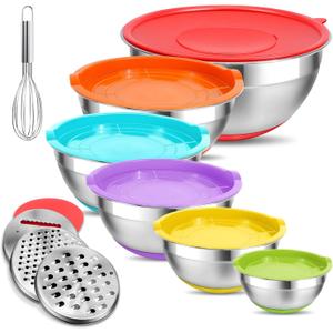 Eallpha Mixing Bowls with Lids Set,10pcs Stainless Steel Mixing Bowls with Graters and Egg Whisk &Non-Slip Bottoms Food Prep Nesting Bowls for Baking, Cooking, Meal Storage(1.2QT-5.5QT) (Multicolor)