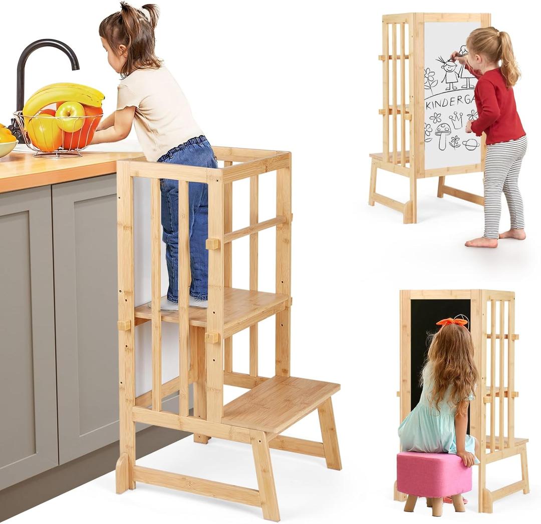 3 Height Adjustable Kids Step Stool, A-Shaped Structure Kids Standing Tower, Wooden Toddler Tower, Kids Standing Tower Aged 18-36 Months,with Safe Fences Suit in Kitchen/Bathroom, Natural