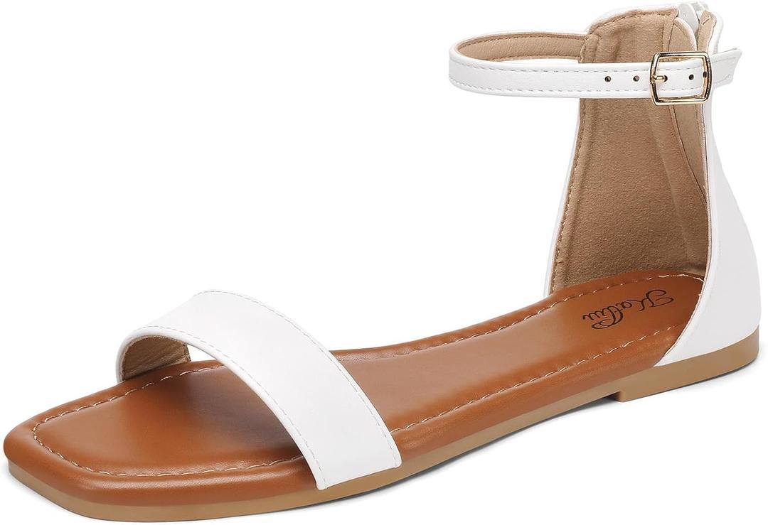 Katliu Women's Ankle Strap Flat Sandals One Band Dressy Sandals Square Open Toe Sandals for Summer with Back Zipper, Size 41