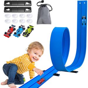 15 Ft Flexible Race Track for Kids 3+, Rolls Up Portable Flex Track, Comes with 3 Small Racing Cars 8 Suction Cups and 2 Fixing Buckles, Compatible with 1/64 Diecast Cars,Indoor & Outdoor Play