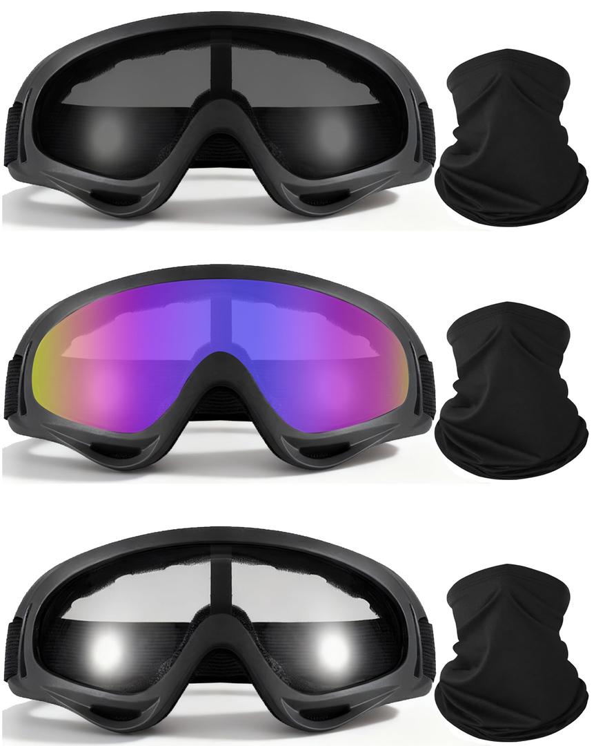 YISUGOOC 3 Pairs Motorcycle Goggles UV Protection Ski Goggles With 3 Pieces Neck Gaiter Riding Dust And Windproof (Blue/Black/White)