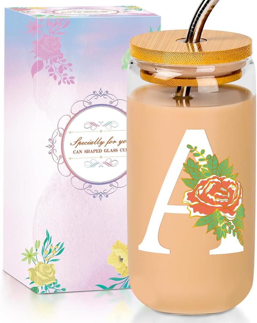 SENTVEND Initial Glass Cup with Lid and Straw Color-changing Monogrammed Gifts for Women 16 oz Iced Coffee Drinking Glass Tumbler Personalized Christmas Thanksgiving Birthday Gifts for Women Her Mom
