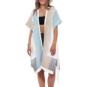 Saodimallsu Womens Kimono Cardigans Striped Summer Batwing Short Sleeve Open Front Belted Split Beach Swimsuit Coverup XL