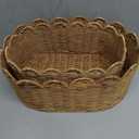 Rattan Picnic Basket Set of 2, Wicker Picnic Basket with Scalloped Edge, Garden Harvest Basket, Woven Baskets for Vegetable & Fruit, Mocha