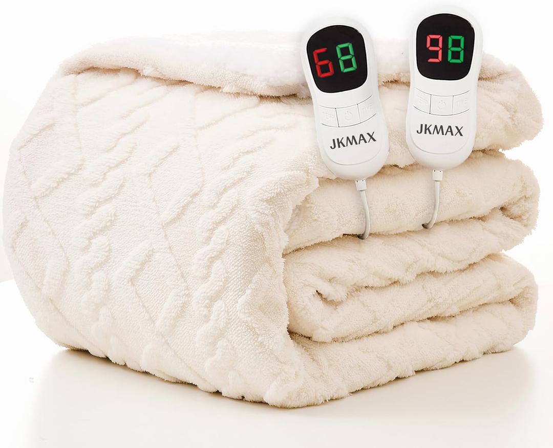 JKMAX Heated Electric Blanket Queen Size-84"x90" Heating Blanket with 10 Heating Levels & 5 Time Settings Over-Heat ProtectionWinter Warmer for Adults with ETL CertificationCream