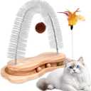 Cat Self Groomer Scratcher, Indoor Cats Rubbing Post Face Back Arch Grooming Massager Brush for Shedding with Kitten Interactive Catnip Ball Track Toy for Chasing Hunting Mental Physical Exercise