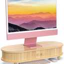 Bamboo Monitor Stand with Storage, Curved Computer Laptop Stand Desk Shelf Organizer with Sliding Doors (25 inch)