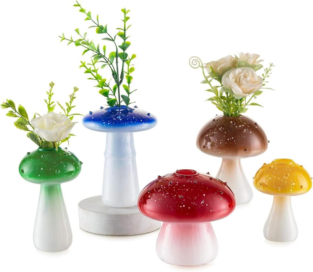 Glasseam Small Mushroom Vases for Flowers: Colorful Cute Glass Plant Propagation Station Holders Terrarium Jar, 5 Pcs Bud Vases Cottage Core Decor for Kitchen Bathroom Table Windowsill Indoor Party