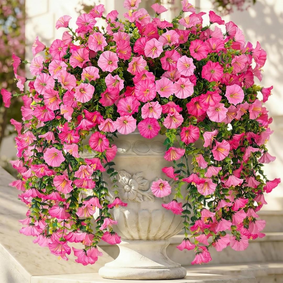 Ivydale 2 PCS Artificial Hanging Flowers Fake Plants Outdoor,Silk Morning Glory Faux Flowers with Eucalyptus Leaves,UV Resistant Realistic Hanging Plants for Home Garden Decor (Pink+Light Pink)